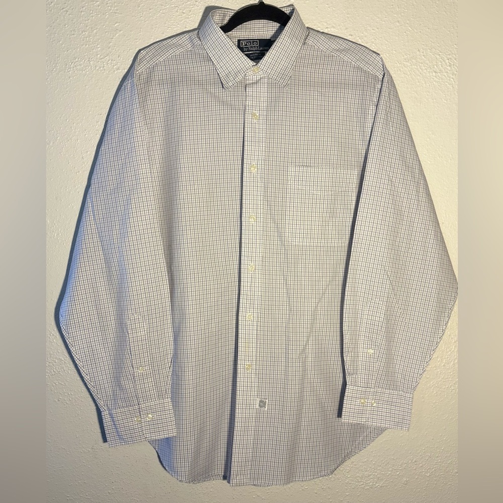 VTG Polo Ralph Lauren Andrew Shirt Mens 17 White Blue Check Button Up Shirt